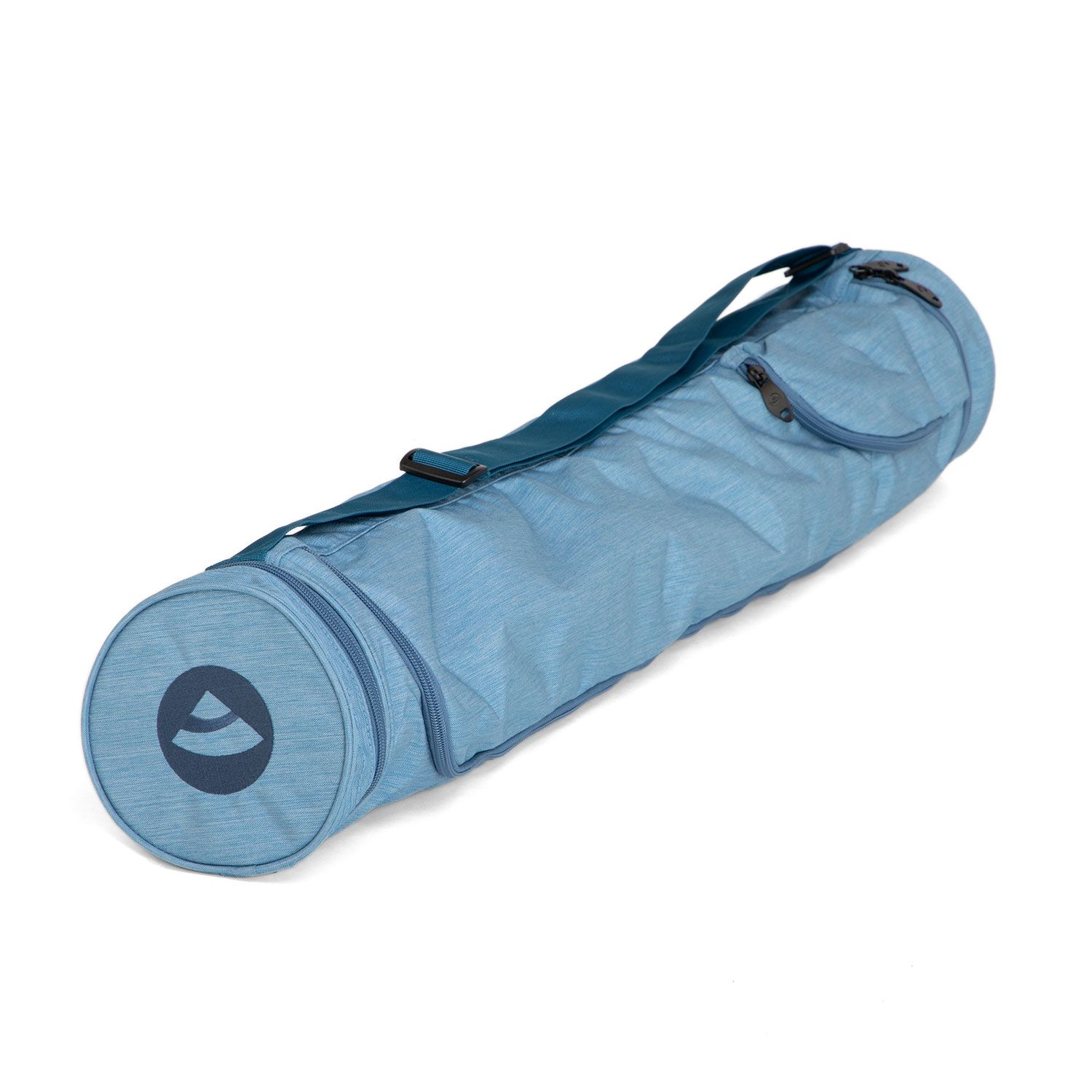 Graublau melierte Tasche mit Reißverschluss, Schultergurt und Logo. Polyester/Polyamide bestickt. Zylindrische Form.