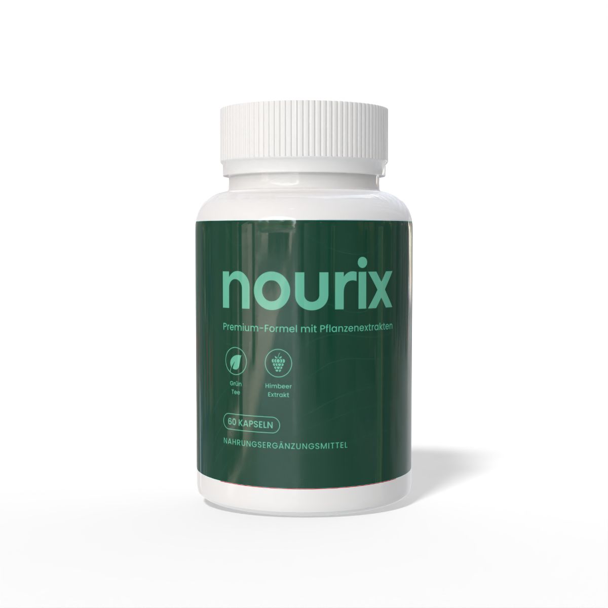 Weiße Flasche mit grünem Etikett. Aufschrift "nourix". Enthält 60 Kapseln. Premium-Formel mit Pflanzenextrakten. Nahrungsergänzungsmittel.