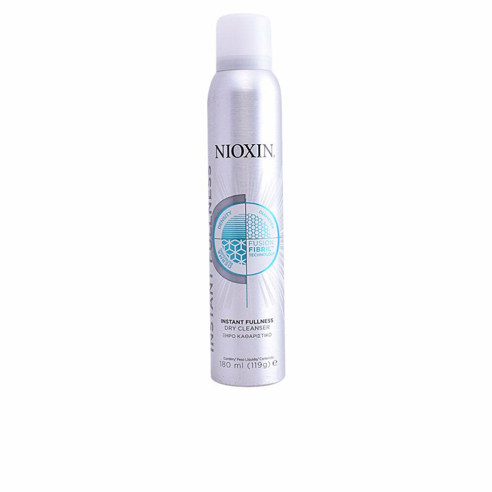 Silberne Sprühflasche mit weißem Deckel. Aufschrift Nioxin und Instant Fullness Dry Cleanser. Grafik mit blauen Elementen.