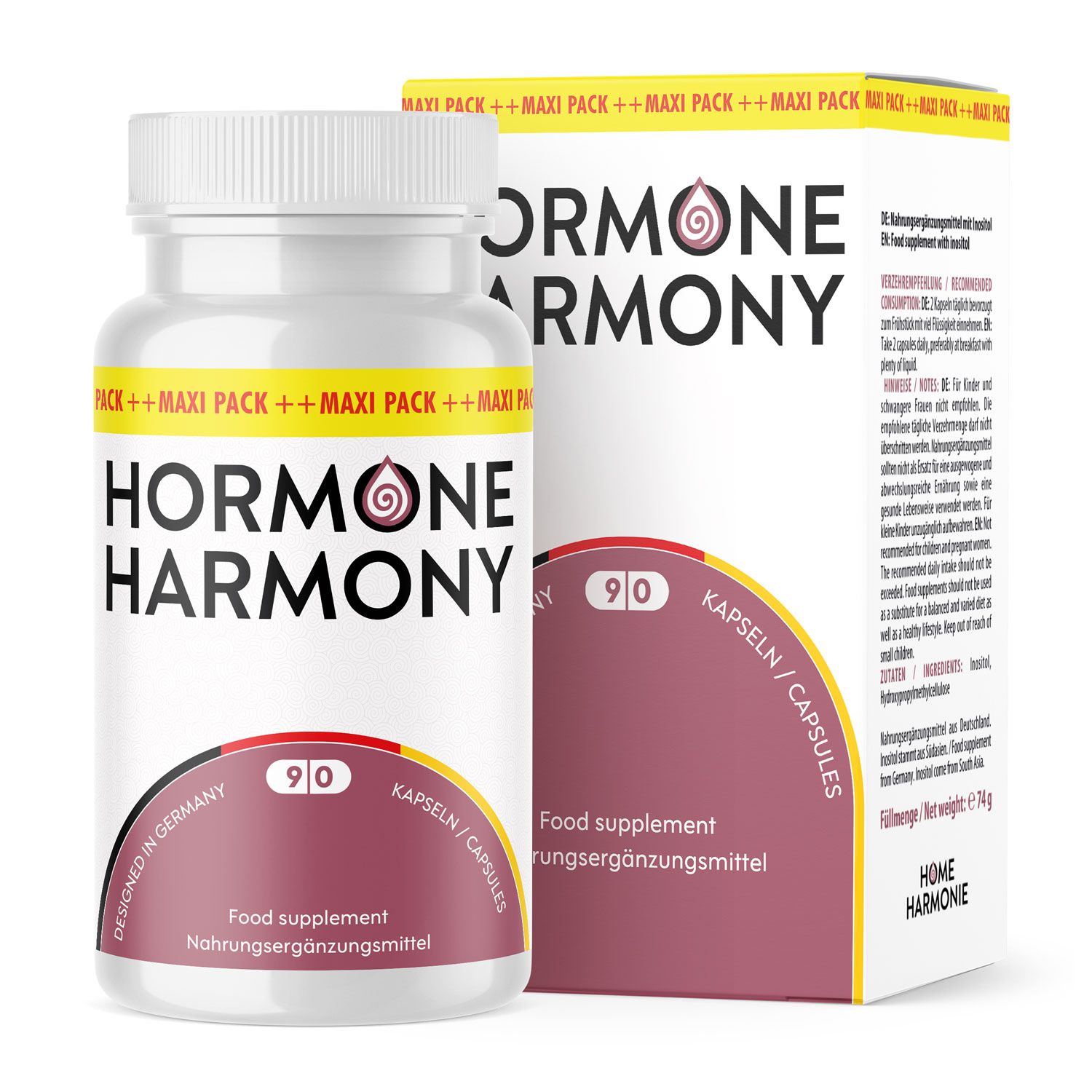 Weiße Flasche mit Kapseln. Aufschrift: Hormone Harmony, 90 Kapseln. Verpackung mit Produktnamen und Logo.