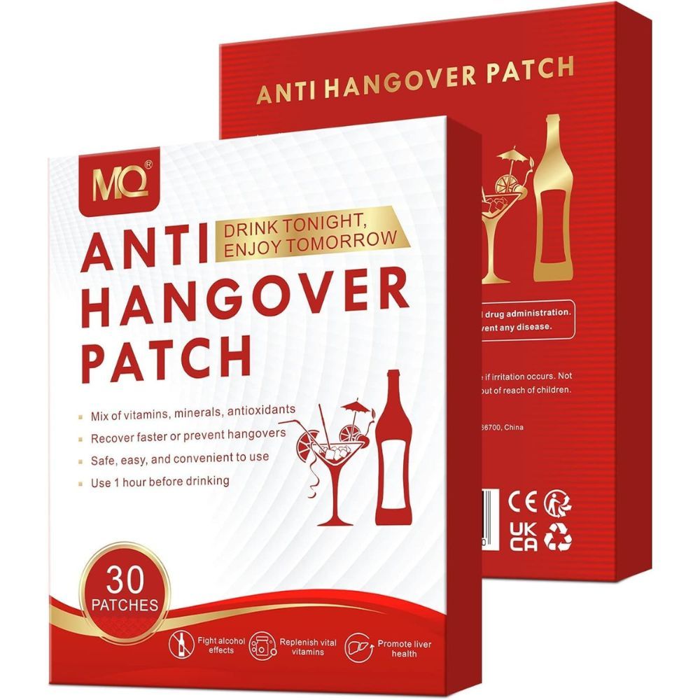 Zwei rote Kartons. Aufdruck: MQ Anti Hangover Patch. 30 Pflaster. Abbildungen von Cocktail und Flasche. CE-Kennzeichnung.