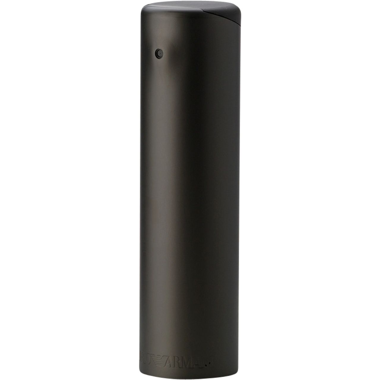 Zylindrische Flasche, dunkelgrau. Emporio Armani-Logo am Boden. Schwarzer Deckel. Kleines Loch an der Seite.