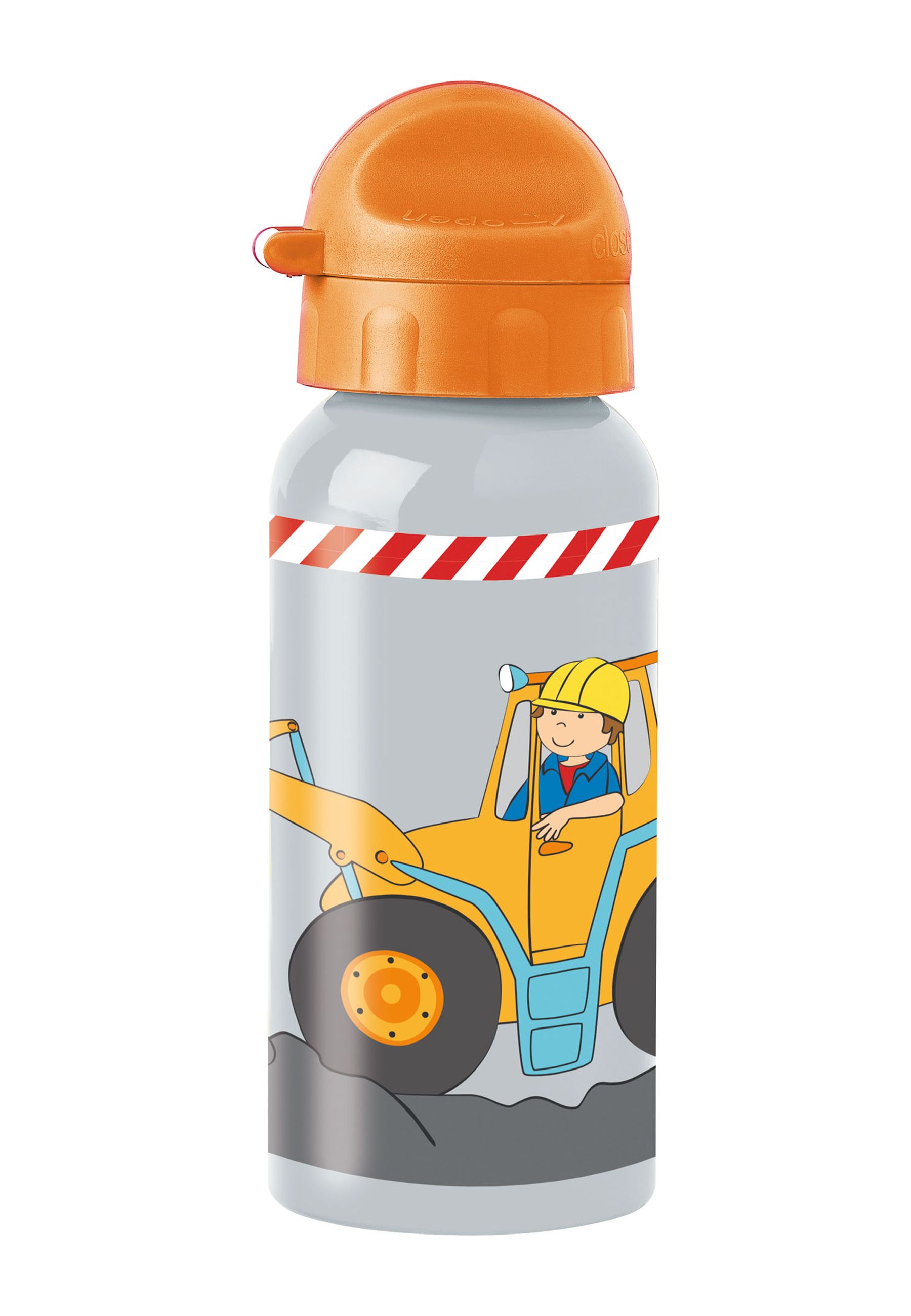 Graue Trinkflasche mit orangefarbenem Deckel. Aufdruck eines Baggers. Roter und weißer Streifen. Aus Edelstahl.
