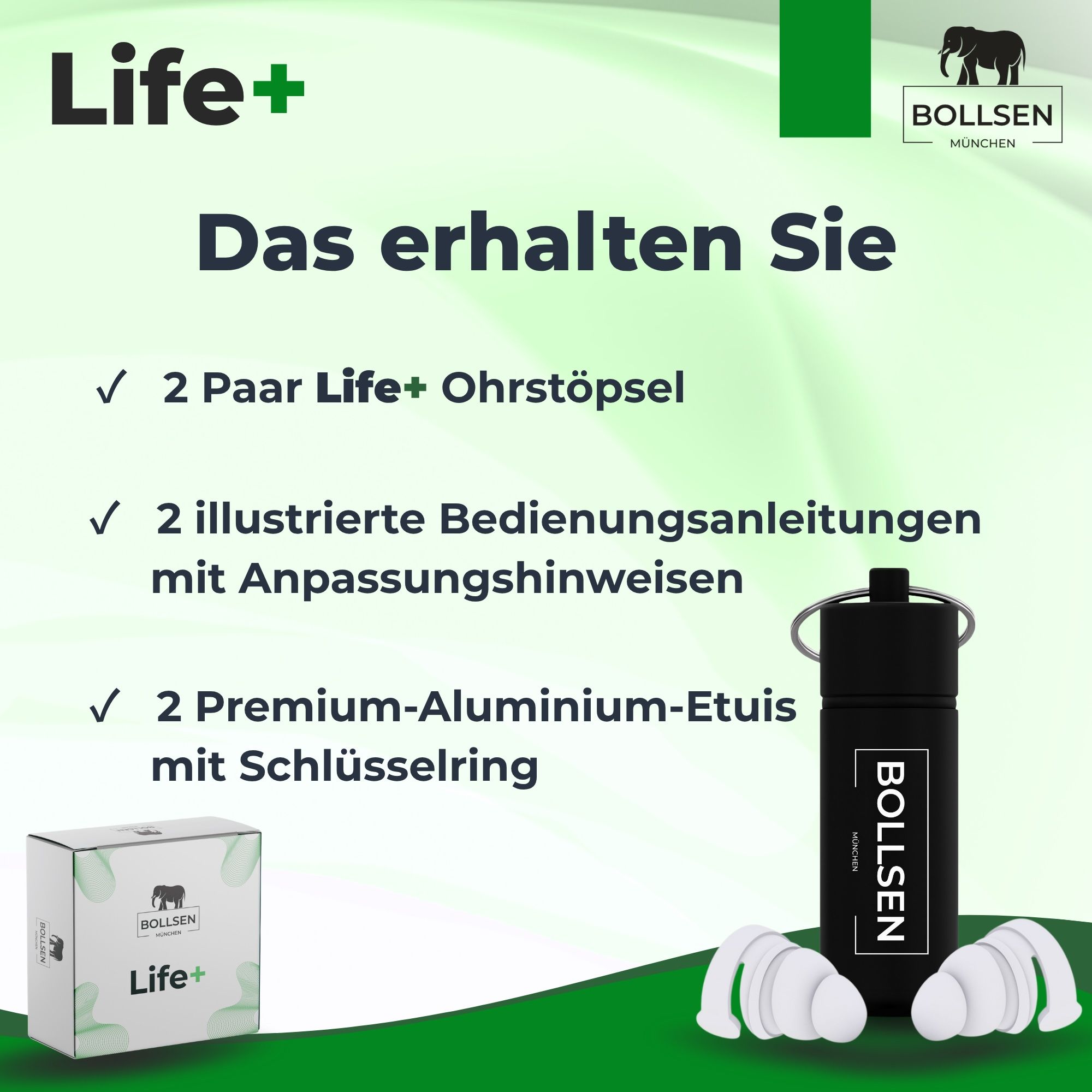 Lieferumfang: 2 Paar Life+ Ohrstöpsel, Anleitungen und Aluminium-Etuis.