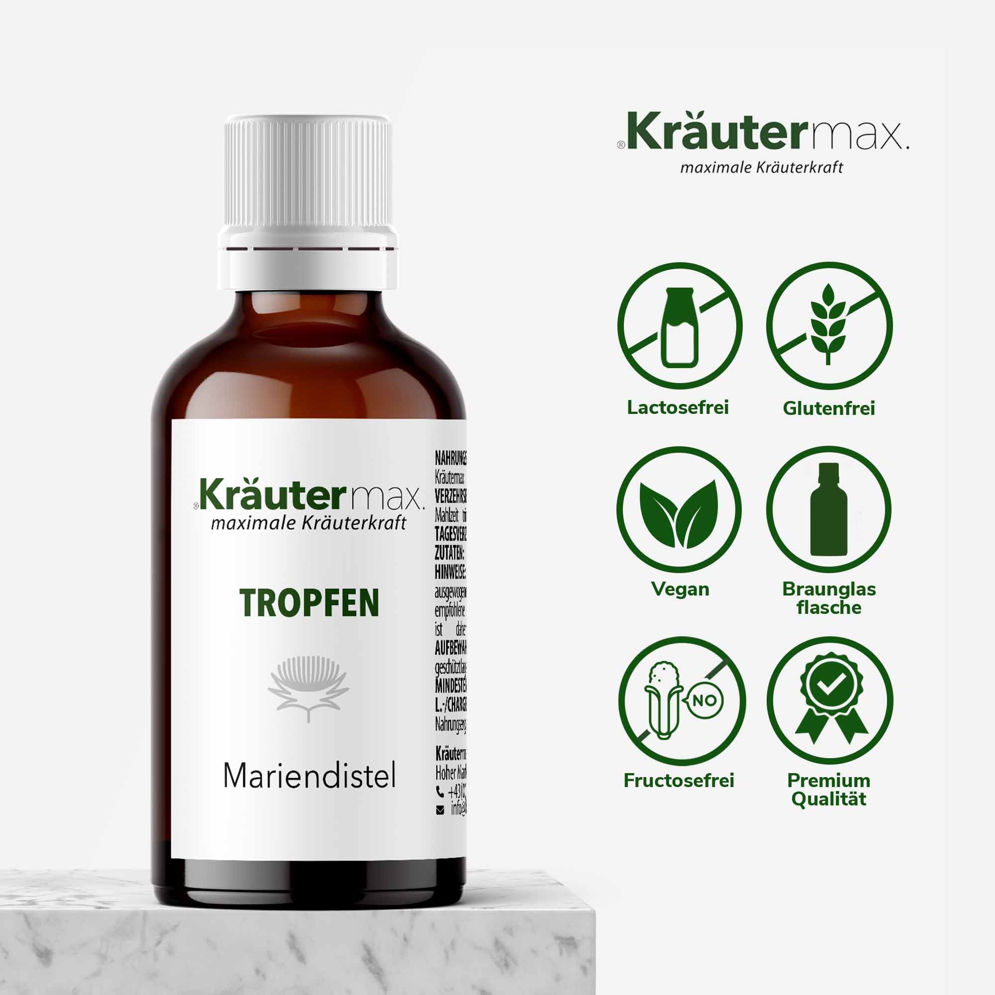 Braune Flasche mit weißem Etikett. Aufschrift: Kräutermax Tropfen Mariendistel. Mit Symbolen für: lactosefrei, glutenfrei, vegan, Braunglasflasche, fructosefrei, Premium Qualität.