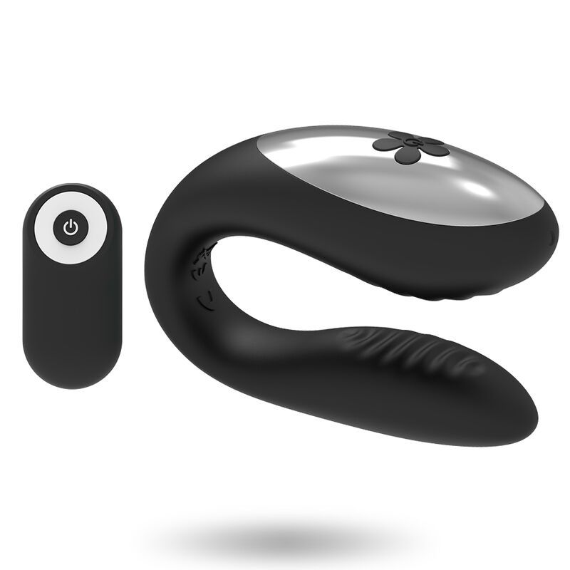 Schwarzer Paarvibrator mit Fernbedienung. Vibrator in U-Form, Fernbedienung mit Ein/Aus-Taste.