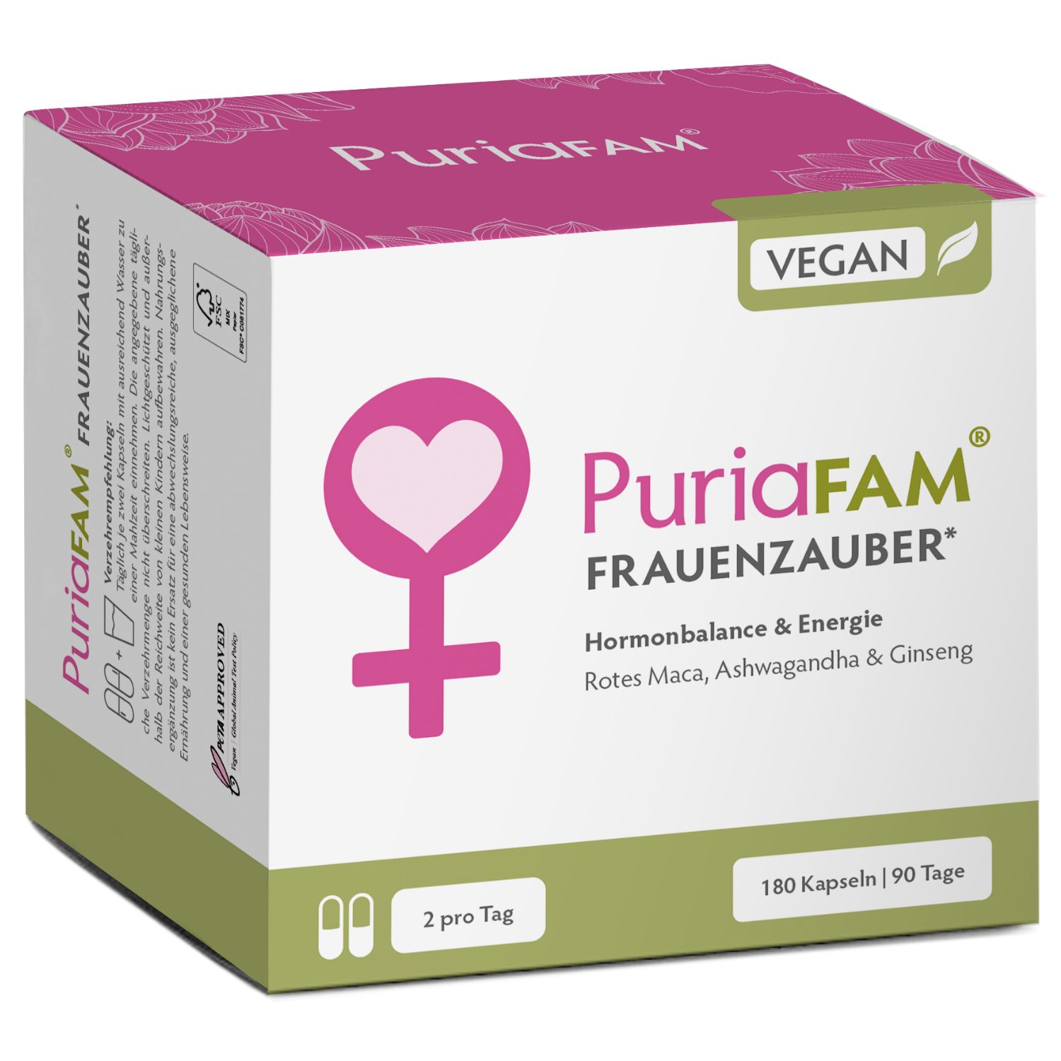 Verpackung von PuriaFAM Frauenzauber. Rosa-weiße Schachtel mit Logo, Inhaltsstoffen und Vegan-Siegel. 180 Kapseln.