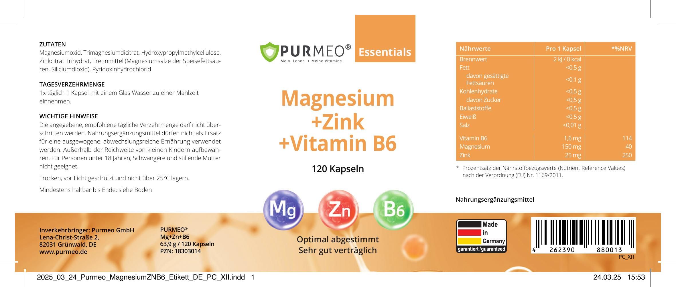 Etikett mit Produktinformationen. Aufschrift: PURMEO Essentials, Magnesium + Zink + Vitamin B6, 120 Kapseln. Logos Mg, Zn, B6. Made in Germany.