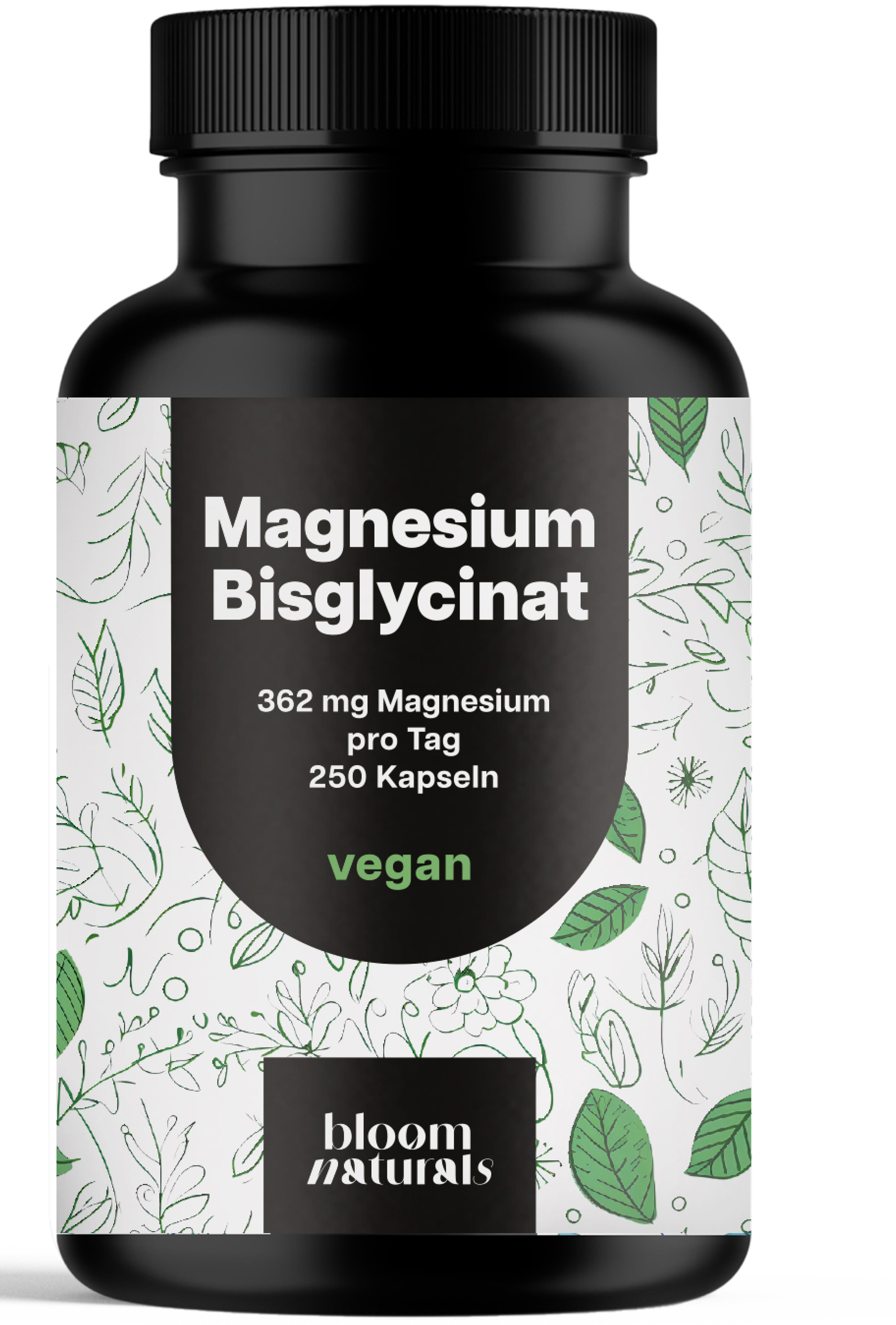 Schwarze Flasche mit Etikett. Aufschrift: Magnesium Bisglycinat, 362 mg Magnesium, 250 Kapseln, vegan. Marke: Bloom Naturals.