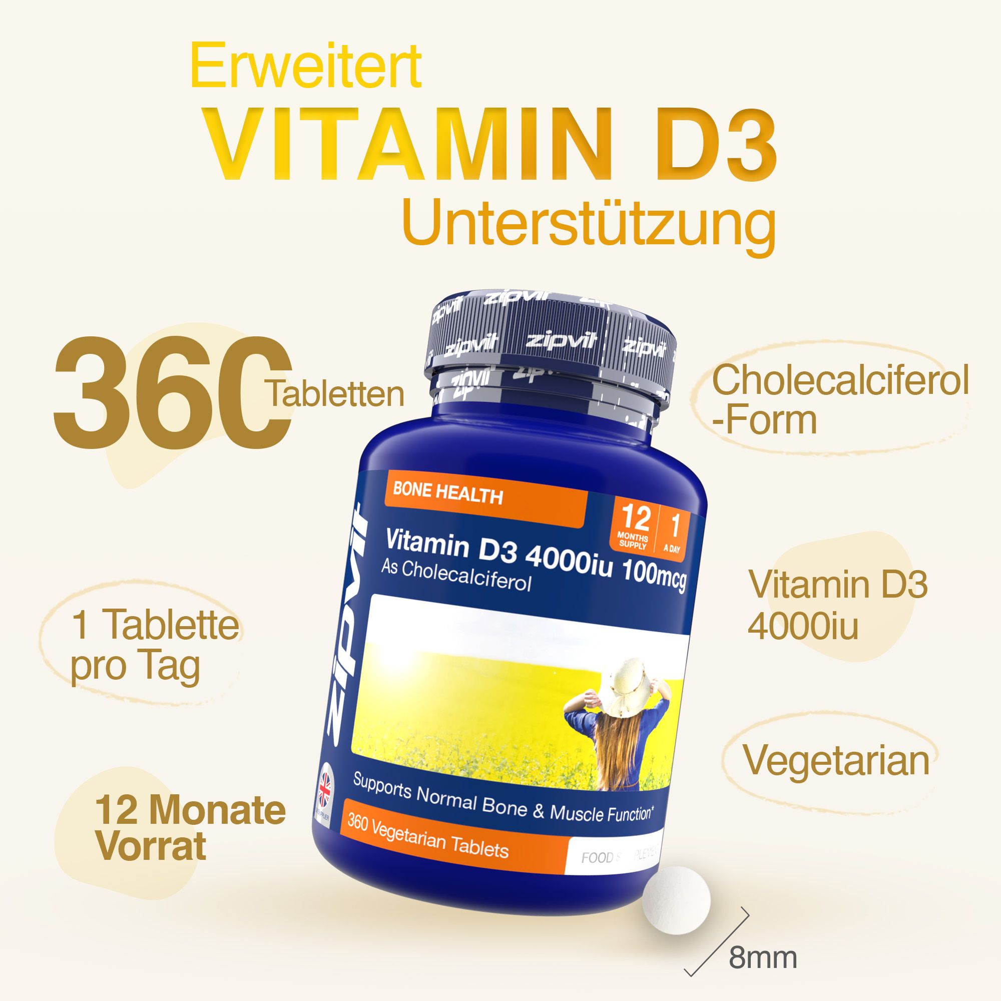 Blaue Flasche Zipvit Vitamin D3. Text: 360 Tabletten, 1 Tablette pro Tag, 12 Monate Vorrat, Cholecalciferol-Form, 4000iu, vegetarisch. Tablette 8mm.