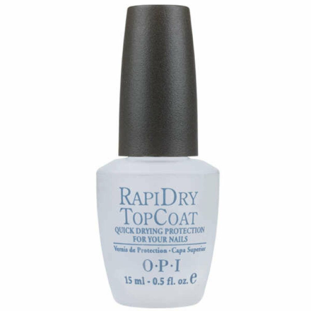 Eine Flasche OPI Rapidry Top Coat. Klarer Nagellack mit schwarzem Deckel. Aufschrift: Rapidry Top Coat, OPI, 15 ml - 0.5 fl. oz.
