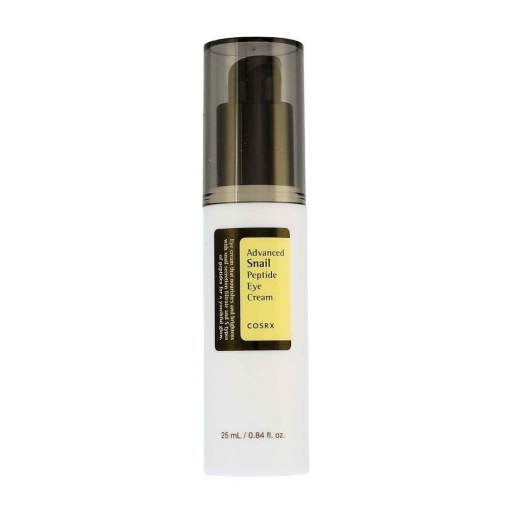 COSRX Advanced Snail Peptide Eye Cream Spenderflasche mit schwarzem Pumpspender und klarem Deckel.