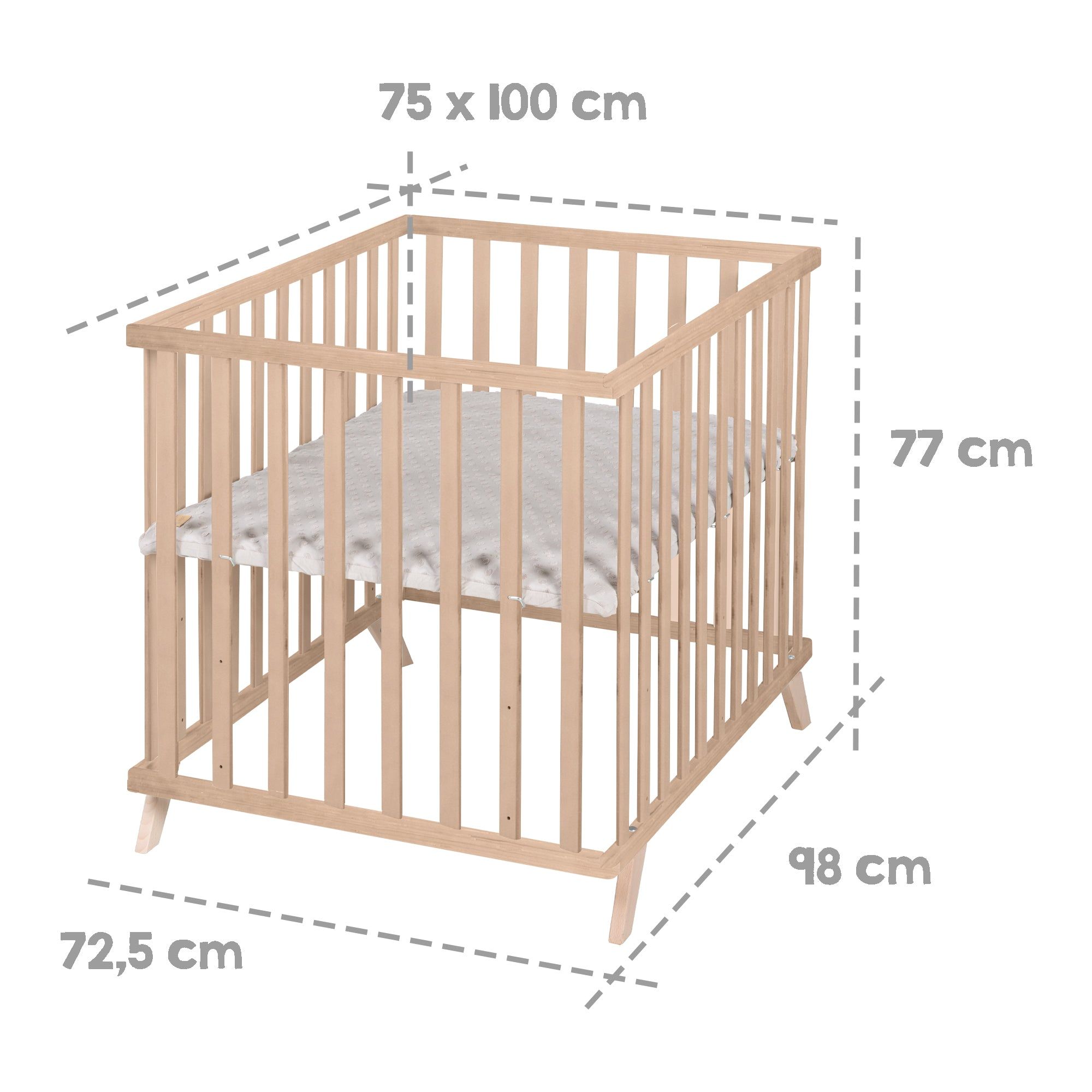 Laufgitter mit Maßangaben: 75x100 cm, 77 cm hoch, 72,5x98 cm. Mit Matratze.