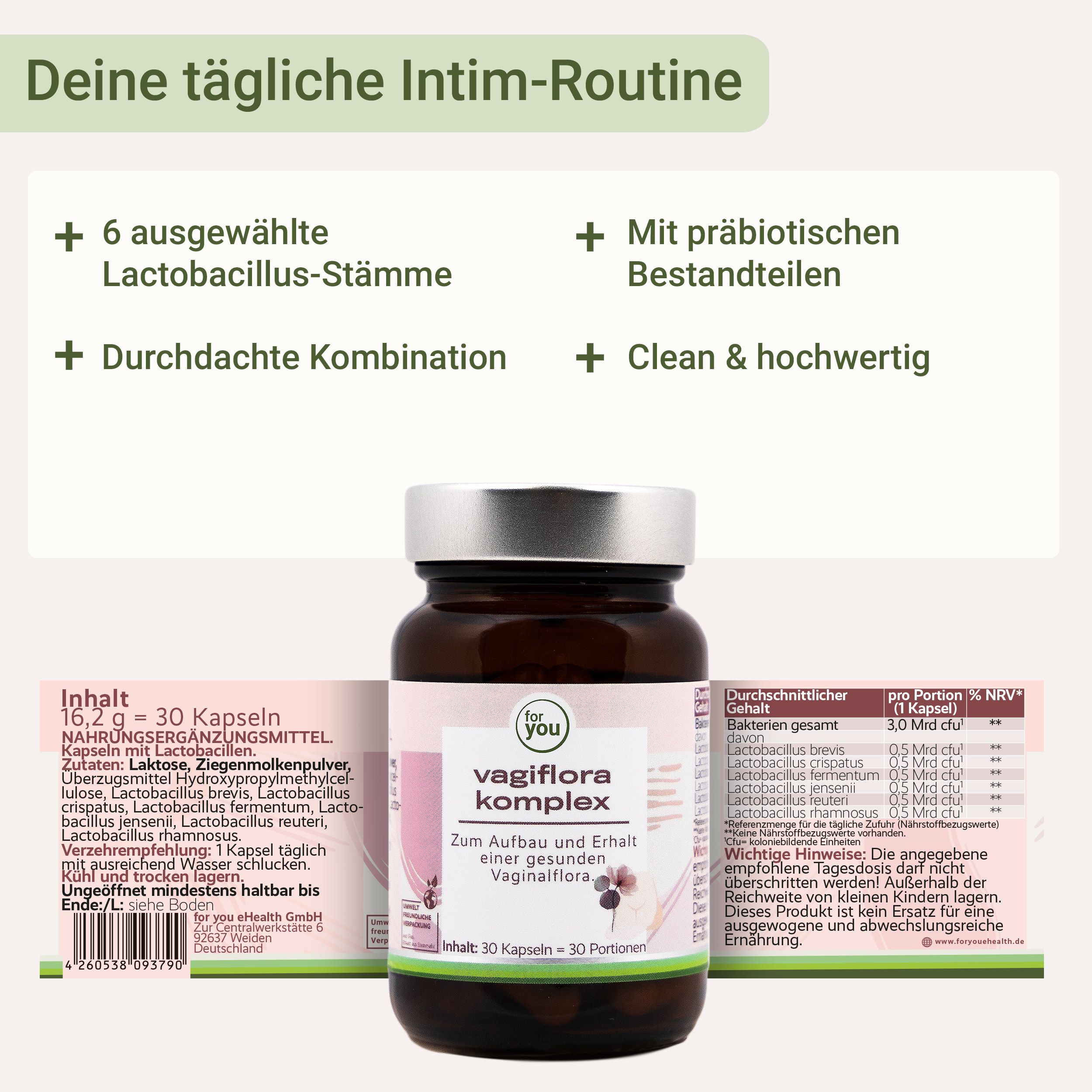 Eine Flasche Vagiflora Komplex und zwei Verpackungsseiten mit Inhaltsstoffen und Anwendungshinweisen.