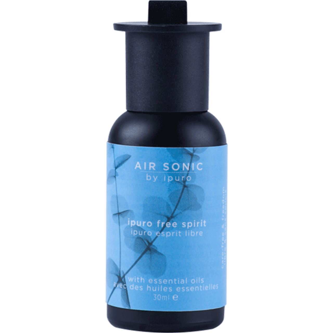 Air Sonic von Ipuro. Blaue Flasche mit schwarzem Deckel. Text: Free Spirit, mit ätherischen Ölen. 30ml.