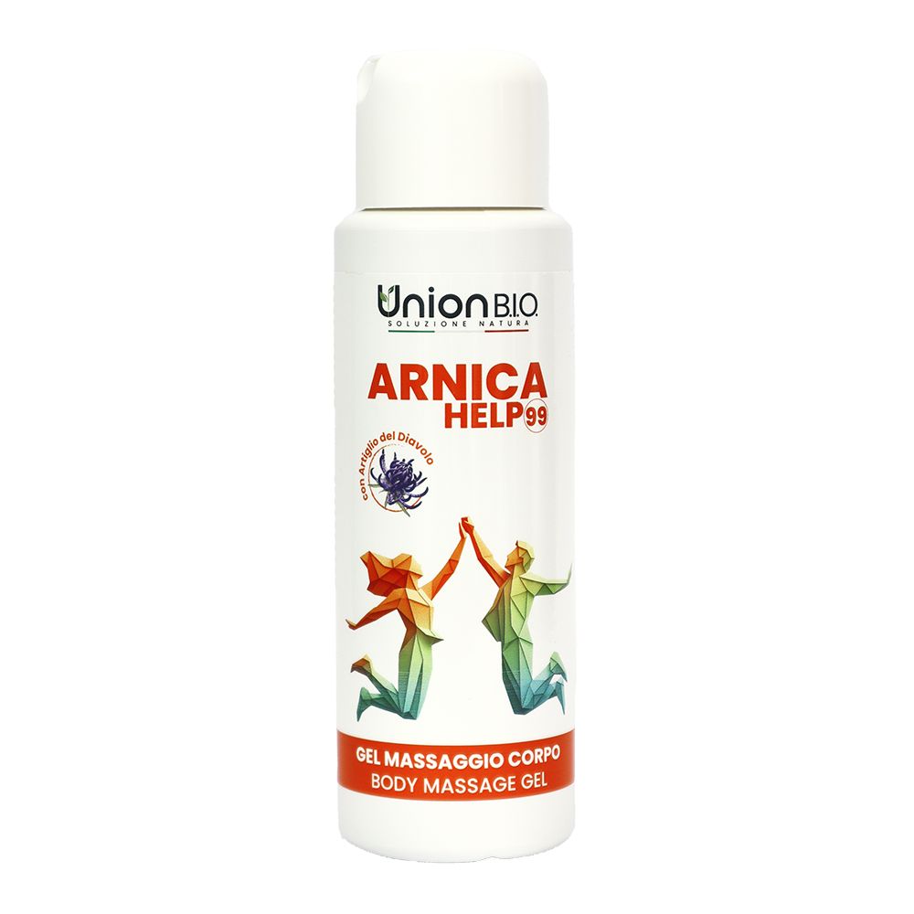 Weiße Flasche mit weißem Deckel. Aufschrift: Union B.I.O. Arnica Help99. Abbildung von zwei springenden Personen. Text: Gel Massaggio Corpo/Body Massage Gel.