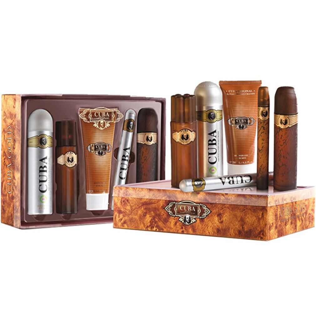 Geschenkset mit mehreren Produkten: Deospray, After Shave, Duschgel, Stift und Zigarre. Alle Produkte tragen den Namen Cuba Gold.