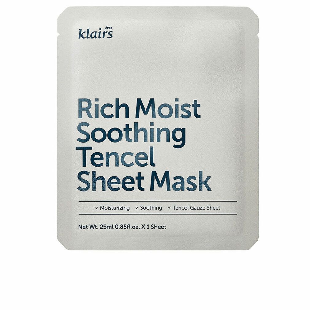 Weiße Verpackung mit blauem Text: Rich Moist Soothing Tencel Sheet Mask. Marke: Dear Klairs. Einzeln.