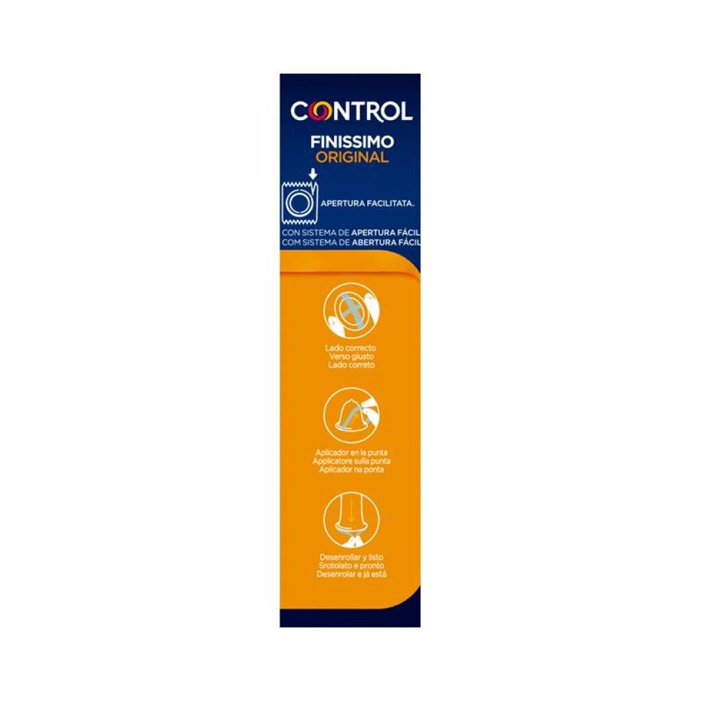 Seitenansicht einer Packung Control Finissimo Original Kondome. Zeigt Anwendungshinweise.
