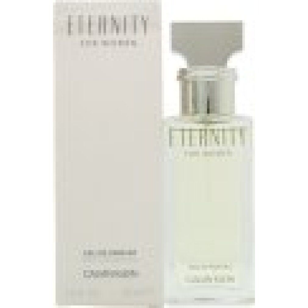 Flakon und Verpackung von Calvin Klein Eternity For Women. Flakon rechteckig, transparent. Verpackung rechteckig, weiß mit Schriftzug.