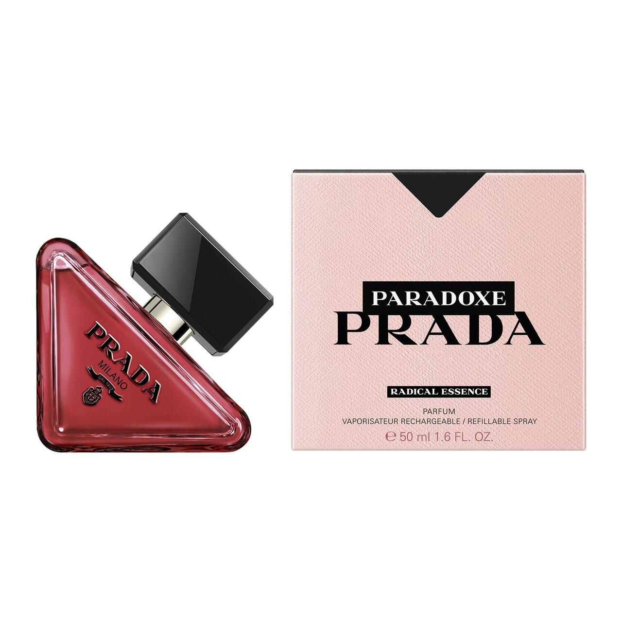 Roter Flakon und rosa Verpackung. Auf der Verpackung steht PARADOXE PRADA RADICAL ESSENCE.