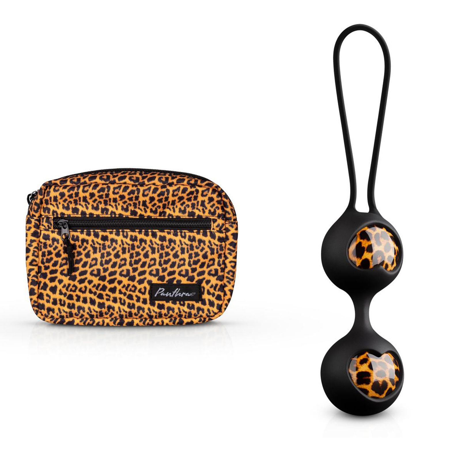 Schwarze Silikon-Liebeskugeln mit Leopardenmuster-Einsätzen. Eine Tasche mit Leopardenmuster liegt daneben.