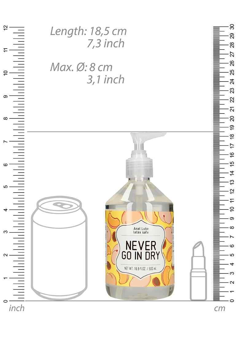 Transparente Flasche mit Pumpe. Aufschrift: NEVER GO IN DRY. Maße: 18,5 cm hoch, 8 cm Durchmesser. Vergleich mit Dose und Lippenstift.