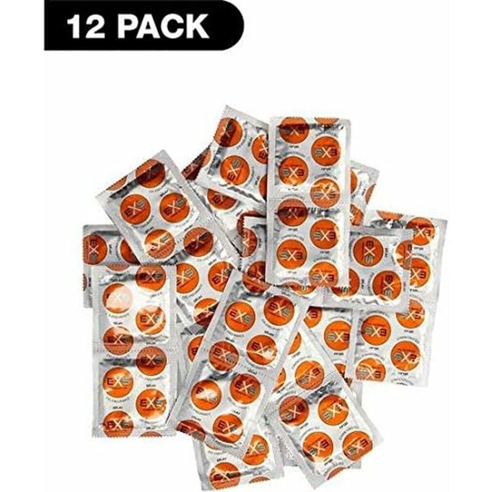 12er Packung Kondome. Einzelverpackungen mit orangefarbenen Kreisen, Logo und Schriftzug. Text: EXS Endurance Delay.