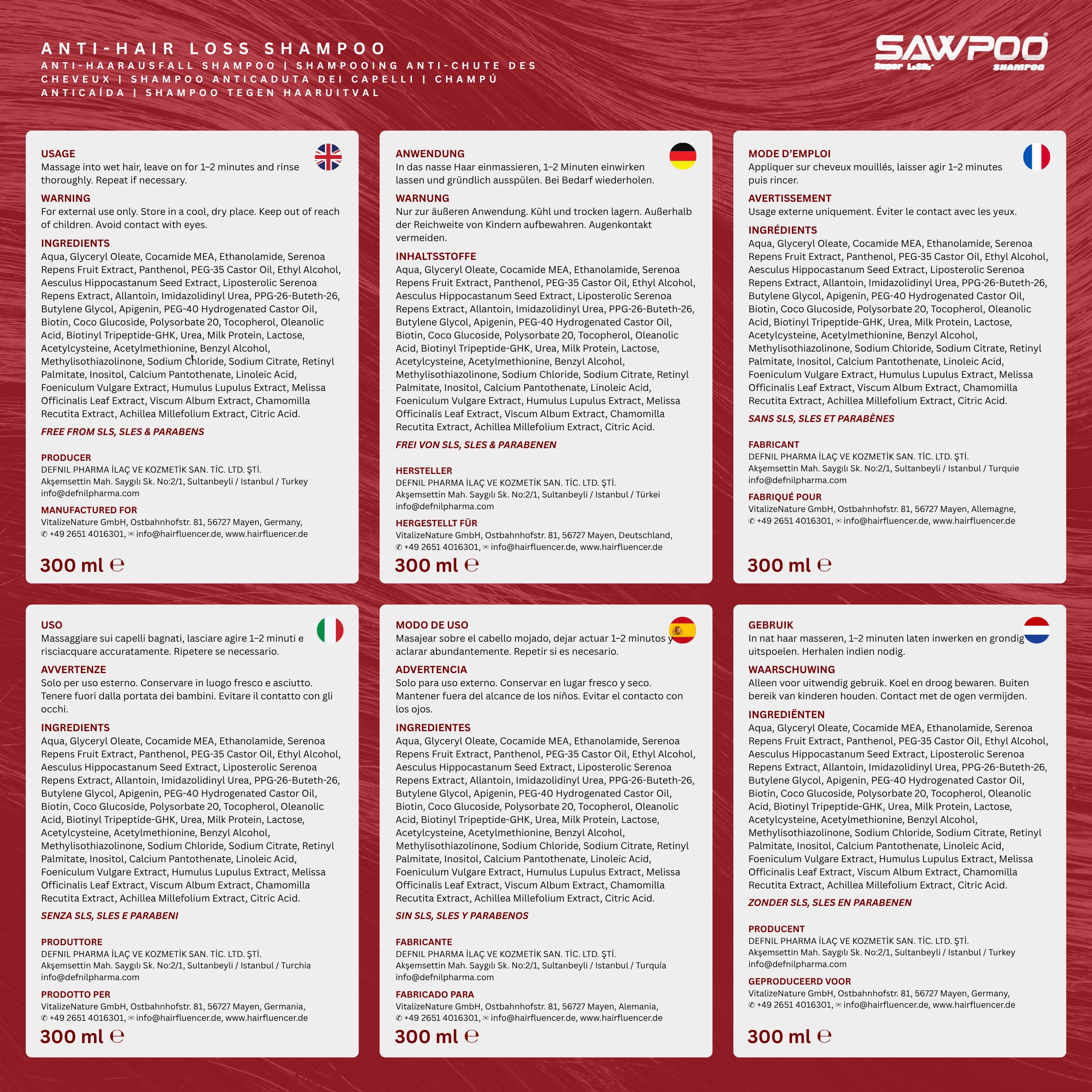 Produktverpackung mit Text in mehreren Sprachen. SAWPOO Anti-Haarausfall Shampoo. Anwendung, Inhaltsstoffe, Hersteller.