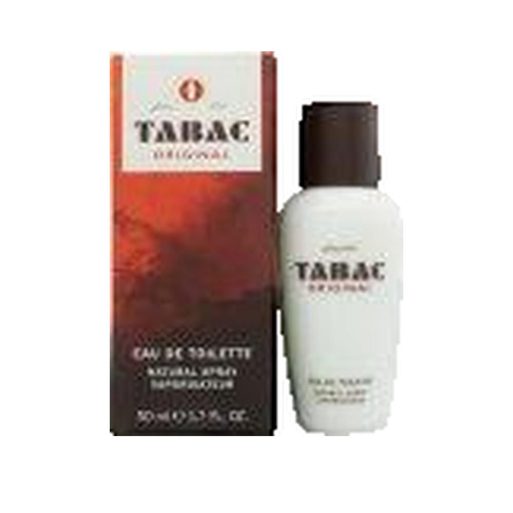Tabac Original Eau de Toilette. Weiße Flasche mit braunem Deckel und Verpackung. Text: Tabac Original, Eau de Toilette.