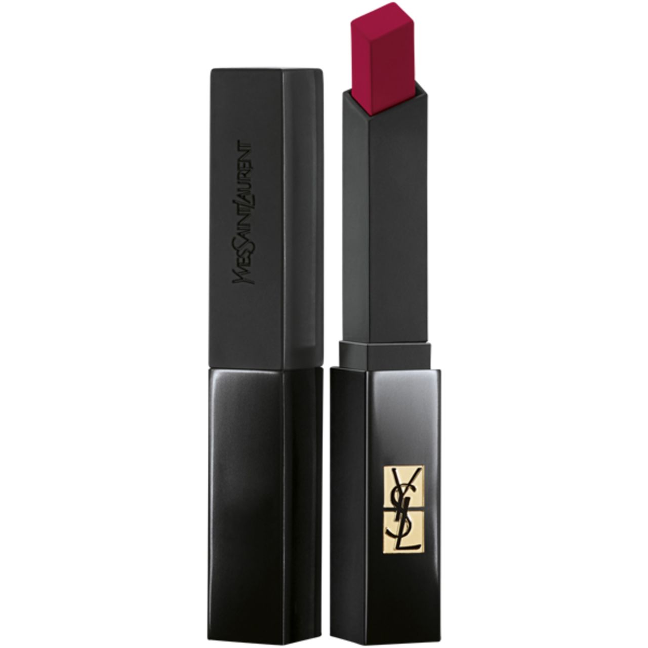 Schwarzer Lippenstift mit geöffneter Kappe. Der Lippenstift ist rot. Auf dem Lippenstift steht Yves Saint Laurent.
