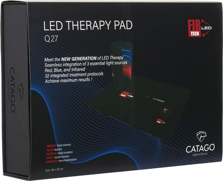 Schwarze Verpackung mit Produktbild und Text: LED THERAPY PAD Q27. Enthält Informationen zu LED-Therapie und CATAGO-Logo.