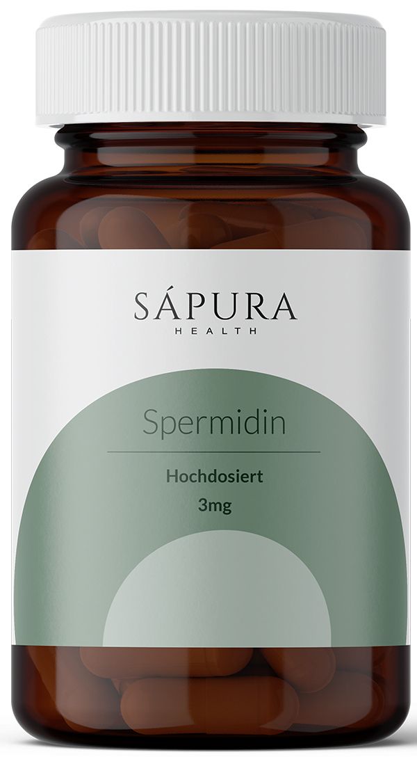 Braune Glasflasche mit weißem Deckel und Etikett. Etikett mit Aufschrift: SAPURA HEALTH, Spermidin, 3mg, hochdosiert. Kapseln sichtbar.