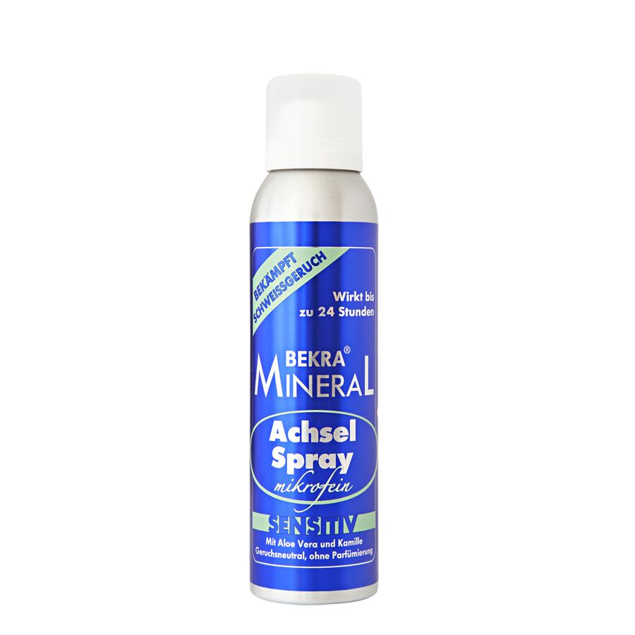 Achselspray-Dose mit weißem Sprühkopf. Blaue und silberne Beschriftung: Bekra Mineral Achsel Spray mikrofein Sensitiv.