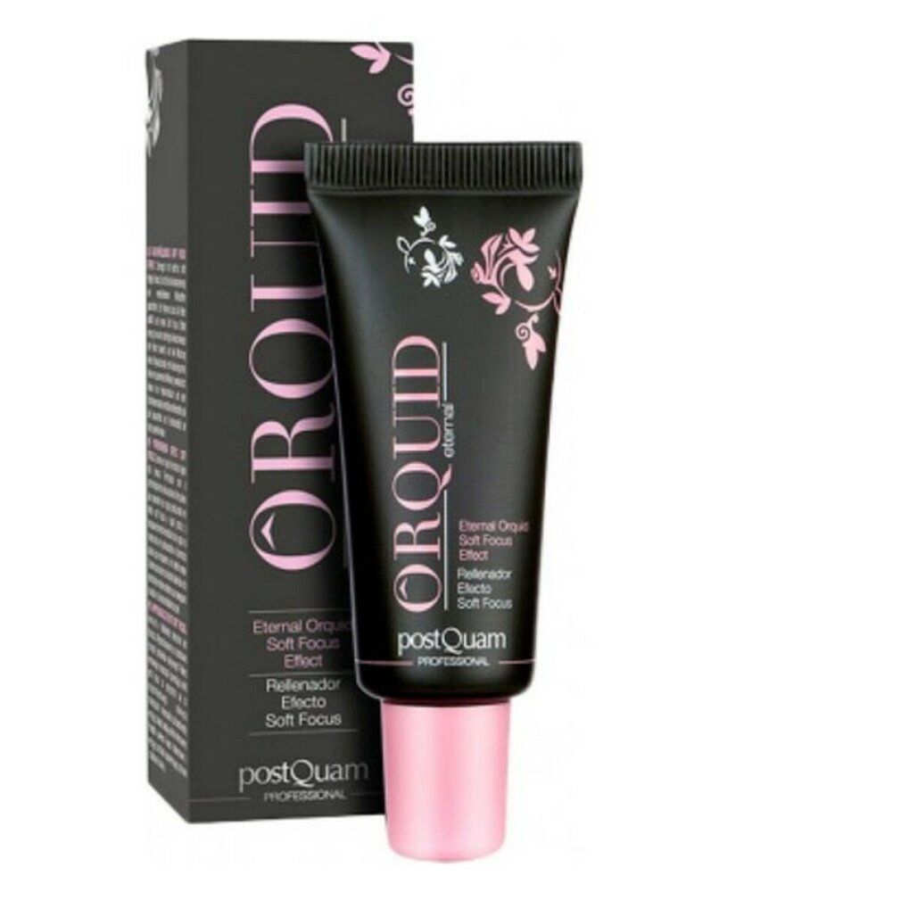 Schwarze Tube mit rosa Verschluss und Verpackung. Aufschrift: ORQUID eternal, Soft Focus Effect. Marke: Postquam Professional.