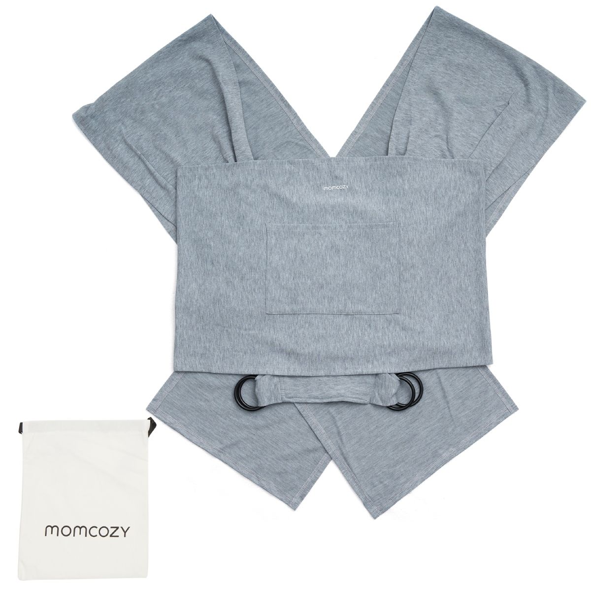 Een lichtgrijze Momcozy draagdoek, plat uitgespreid. Het heeft een zak en twee metalen ringen. Een kleine witte tas met het Momcozy-logo ligt ernaast.
