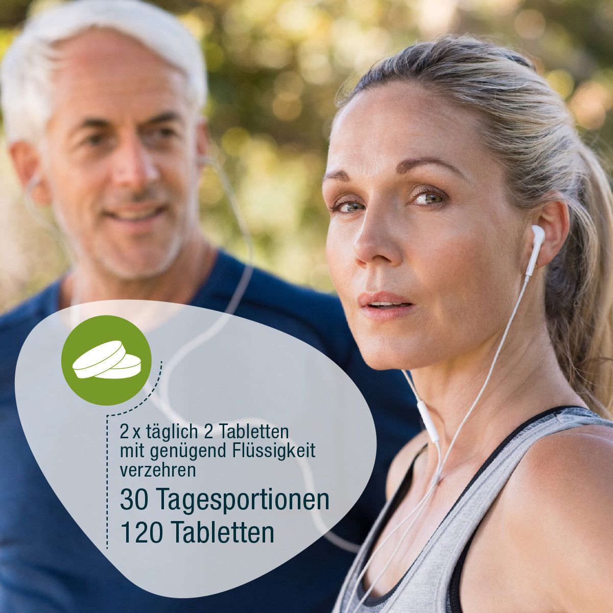 Zwei Personen beim Sport. Text: 2x täglich 2 Tabletten mit genügend Flüssigkeit verzehren. 30 Tagesportionen, 120 Tabletten.