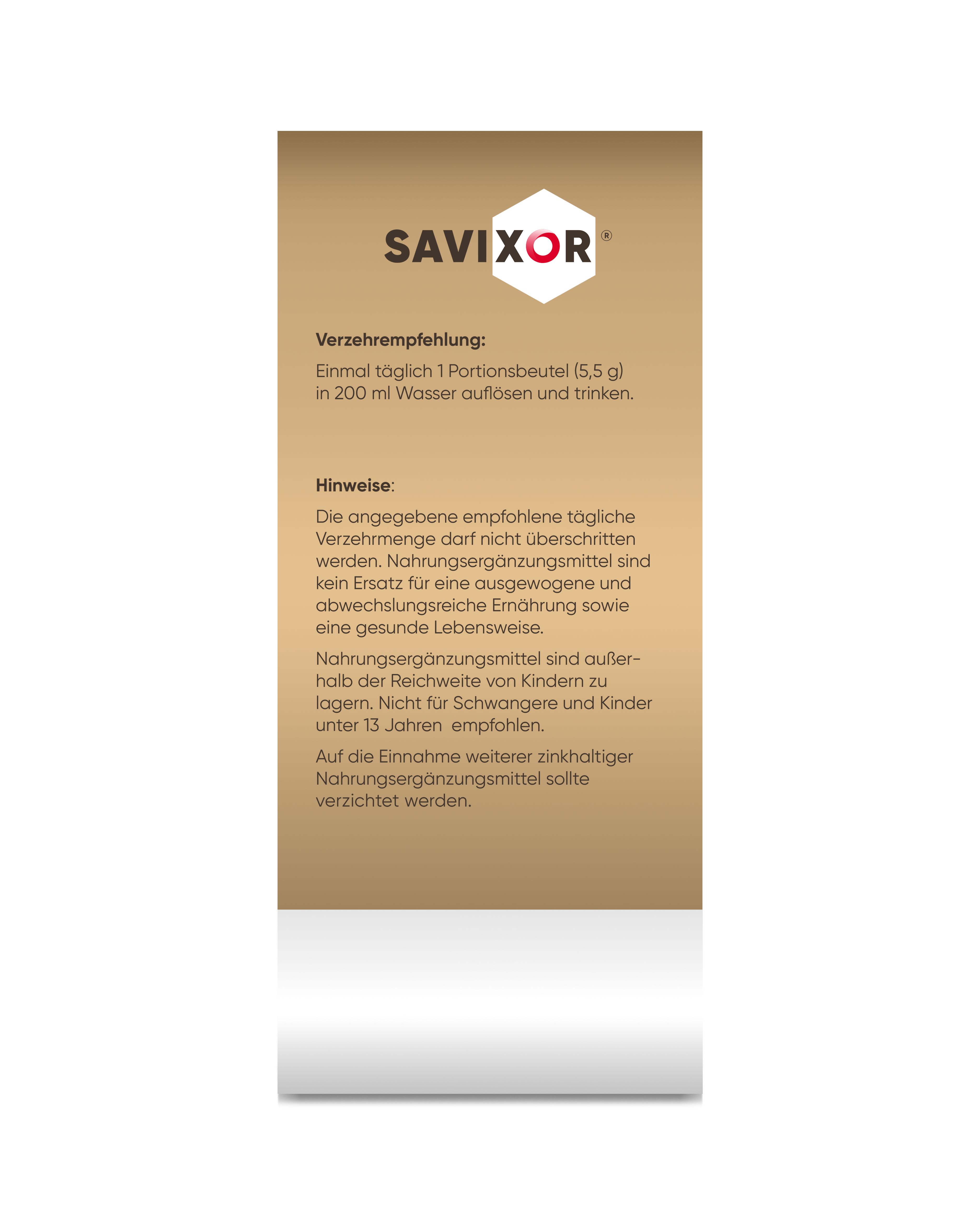 Braune Verpackung mit Text. Enthält Verzehrempfehlung und Hinweise. Marke: Savixor.