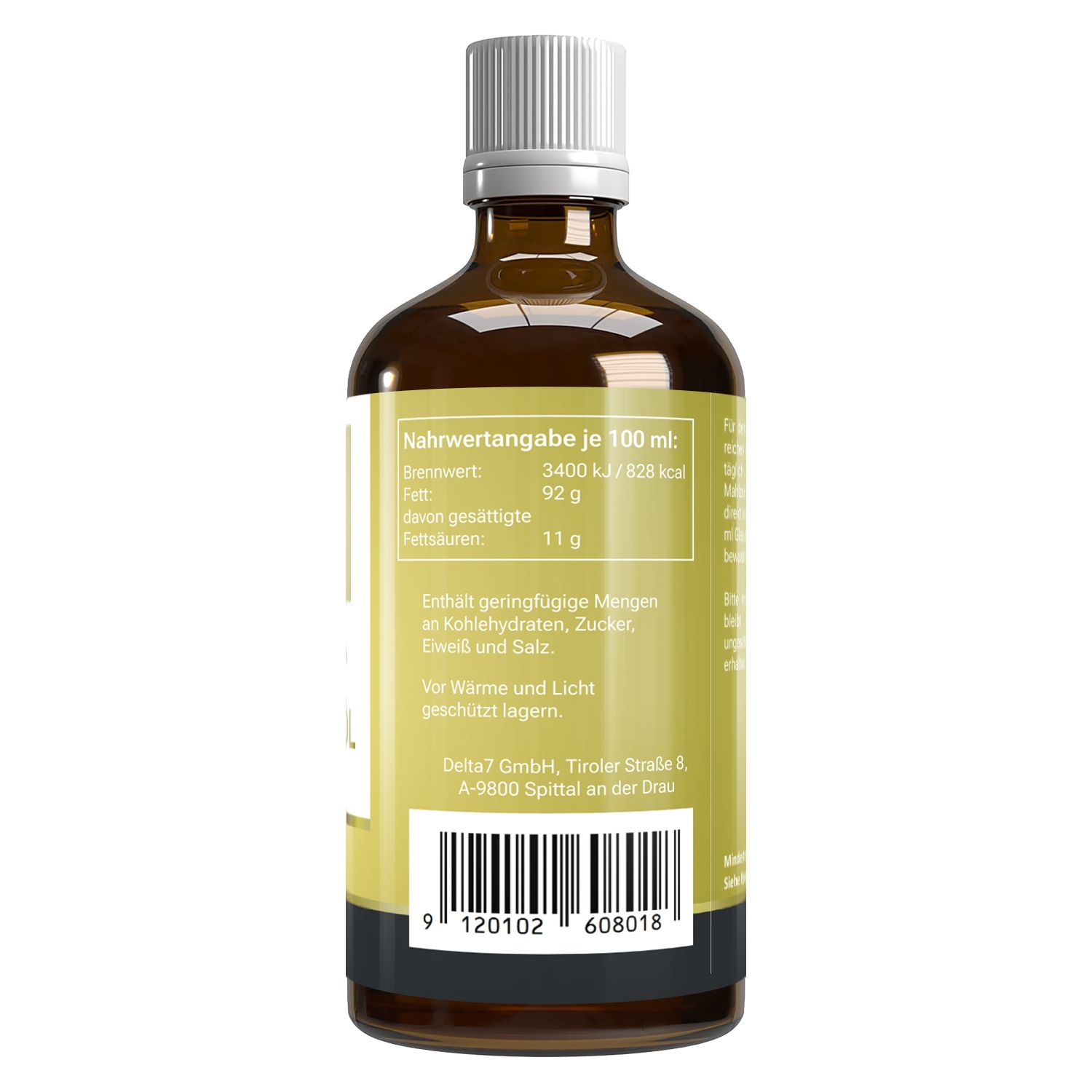 Rückseite einer Olivenölflasche. Nährwertangaben pro 100 ml. Barcode.