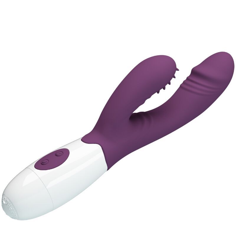 Lila Vibrator mit weißem Sockel. Der gebogene Schaft hat eine geriffelte Spitze und einen G-Punkt-Stimulator.
