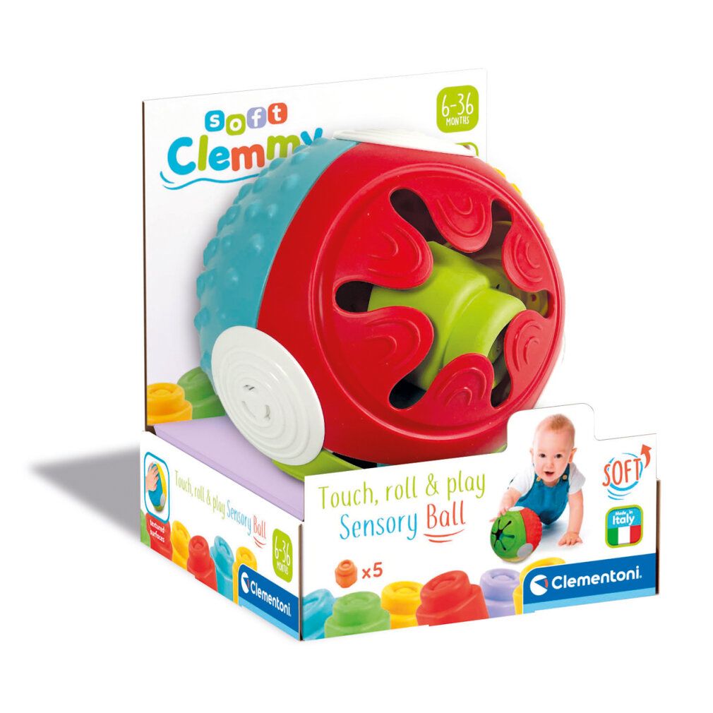 Verpackung mit einem Clementoni Soft Clemmy Ball. Enthält einen Ball und kleine farbige Formen. Baby auf der Verpackung.