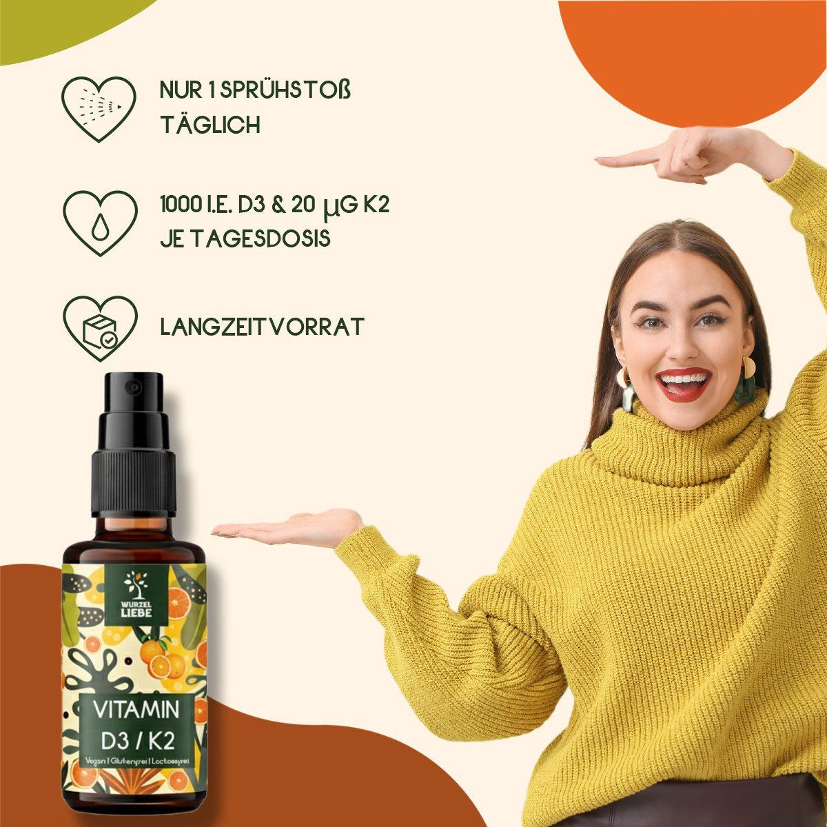 WURZELLIEBE® Vitamin D3/K2 - 1000I.E. Vit D & 20µg Vit K2/ 30 ml -  Orange