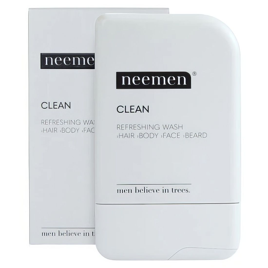 Weißes Produkt mit abgerundeten Ecken und Verpackung. Aufschrift: Neemen Clean. Text: Refreshing Wash Hair Body Face Beard. Slogan: men believe in trees.