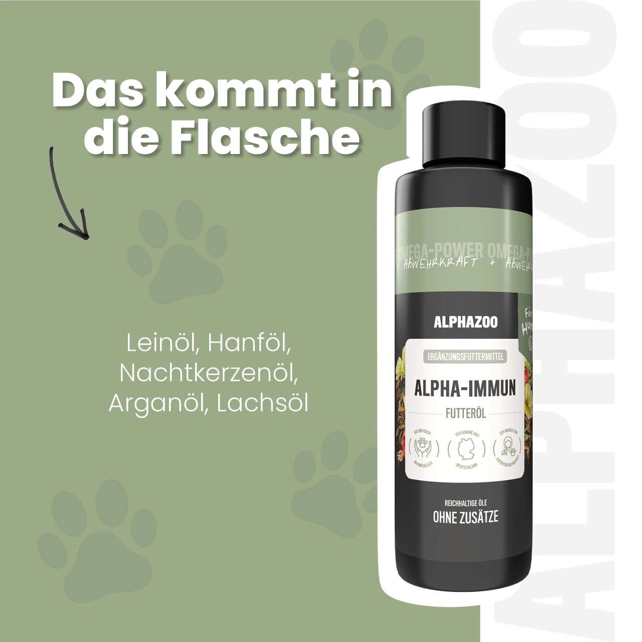 Flasche mit alphazoo Alpha-Immun Futteröl. Inhaltsstoffe: Leinöl, Hanföl, Nachtkerzenöl, Arganöl, Lachsöl. Ohne Zusätze.