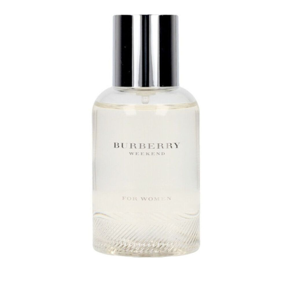 Burberry Weekend Eau de Parfum Spray für Damen. Transparente Flasche mit silbernem Verschluss. Aufschrift: Burberry Weekend For Women.