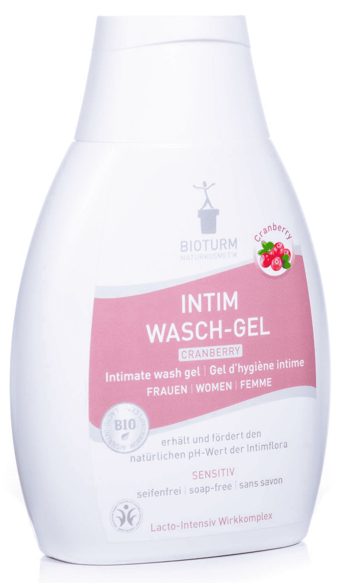 Weißes Fläschchen mit rosa Etikett. Aufschrift: Intim Wasch-Gel Cranberry. Enthält Bio-Zertifizierung. Seifenfrei.