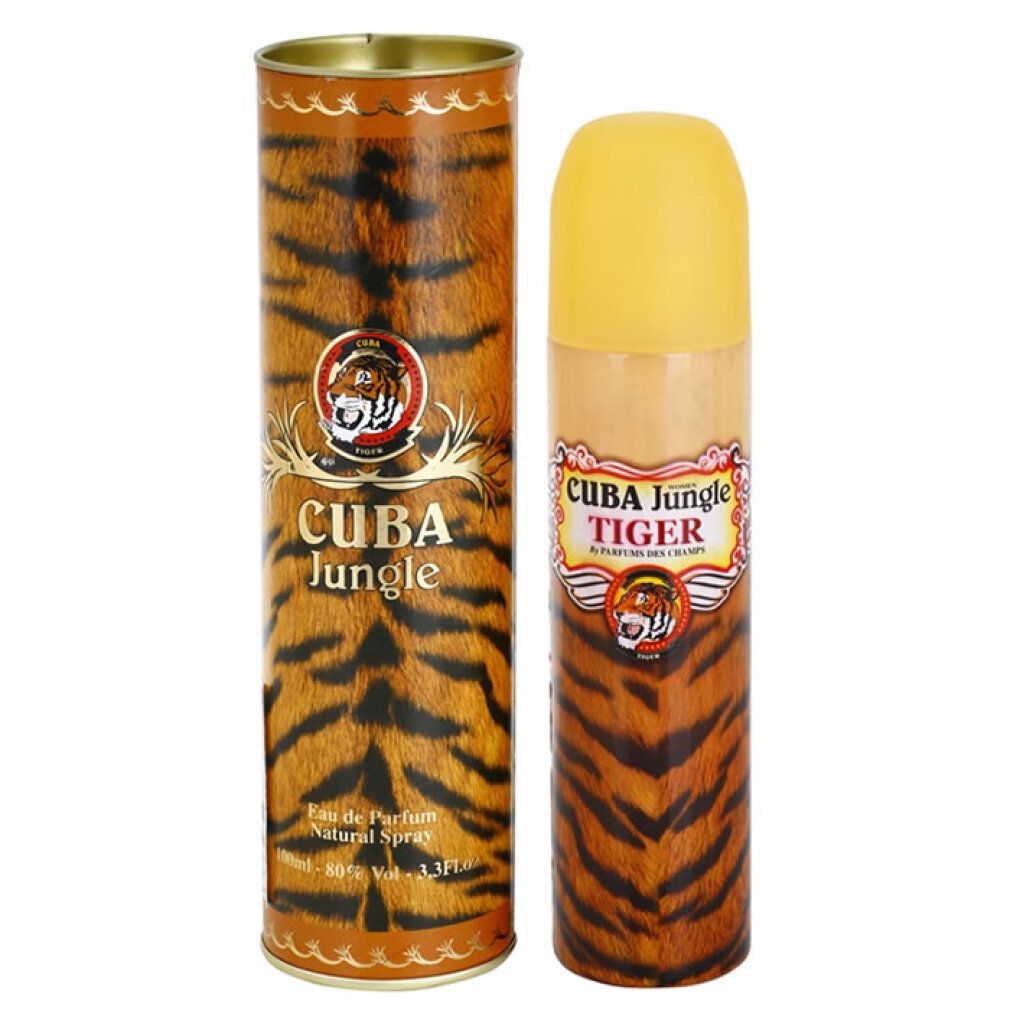 Parfumspray mit gelbem Deckel und Tigerfellmuster-Verpackung. Aufschrift: Cuba Jungle Tiger. Eau de Parfum.