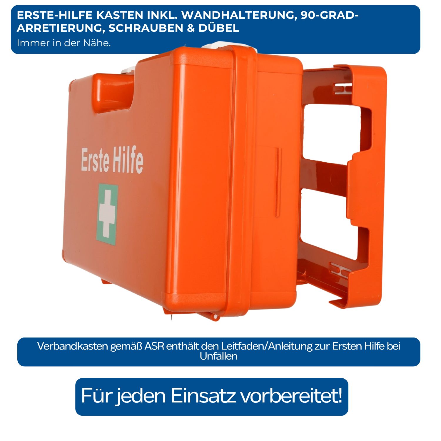 Orange Erste Hilfe Koffer mit Wandhalterung. Aufschrift Erste Hilfe und grünes Kreuz. Geschlossen.