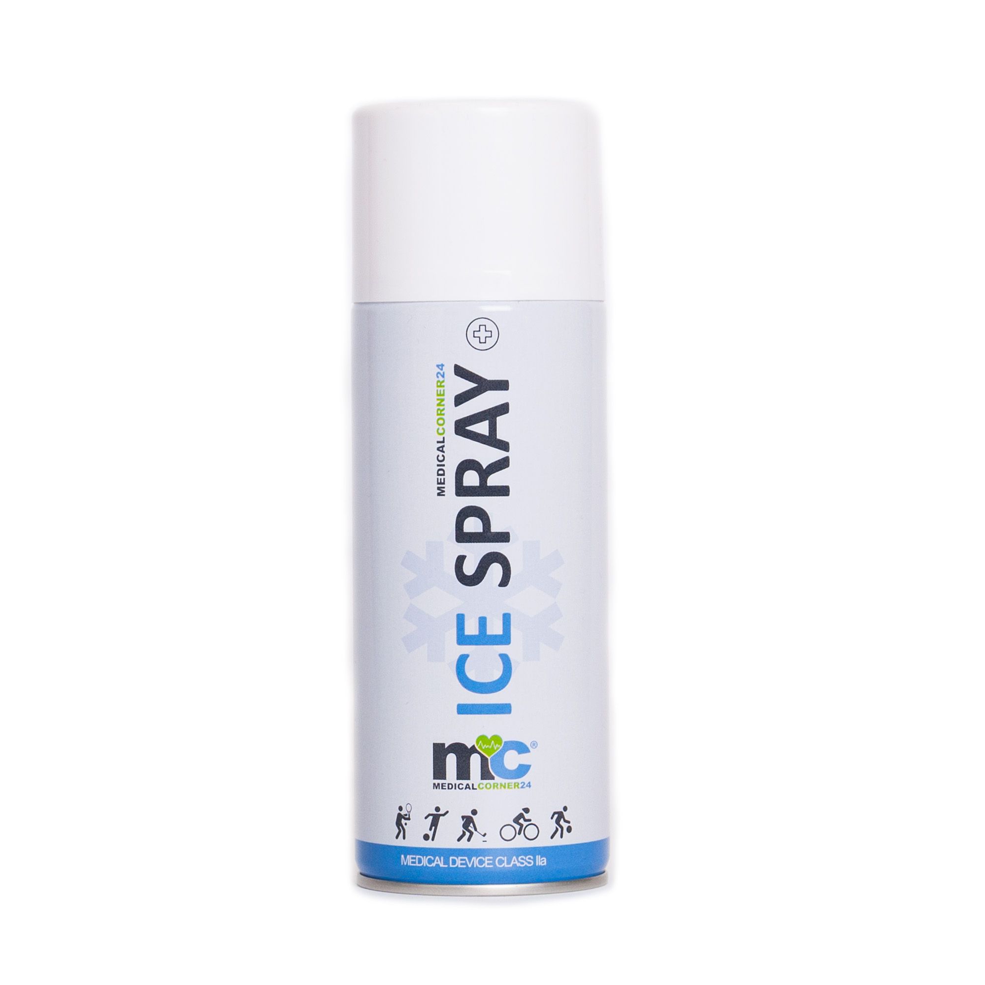 Weiß-blaue Sprühdose mit "ICE SPRAY"-Aufdruck. Logo und Text: MEDICAL CORNER24. Medizinprodukt Klasse I.