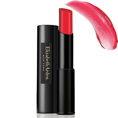 Roter Lippenstift mit schwarzer Hülse und Schriftzug Elizabeth Arden New York. Daneben ein Farbabstrich.